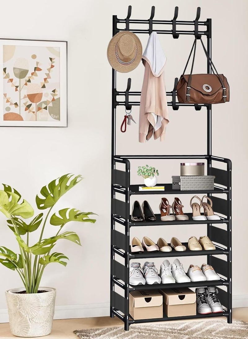 FFD 3‑in‑1 Standing Coat Rack Shoe Bench – 8 Hooks & 5‑Tier Shelf Entryway Organizer – Heavy‑Duty Powder‑Coated Steel, Vertical Space‑Saver, Black” - Image 1