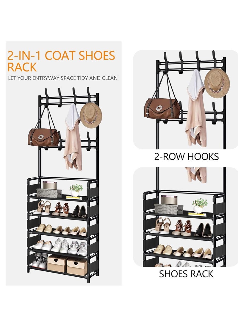 FFD 3‑in‑1 Standing Coat Rack Shoe Bench – 8 Hooks & 5‑Tier Shelf Entryway Organizer – Heavy‑Duty Powder‑Coated Steel, Vertical Space‑Saver, Black” - Image 3