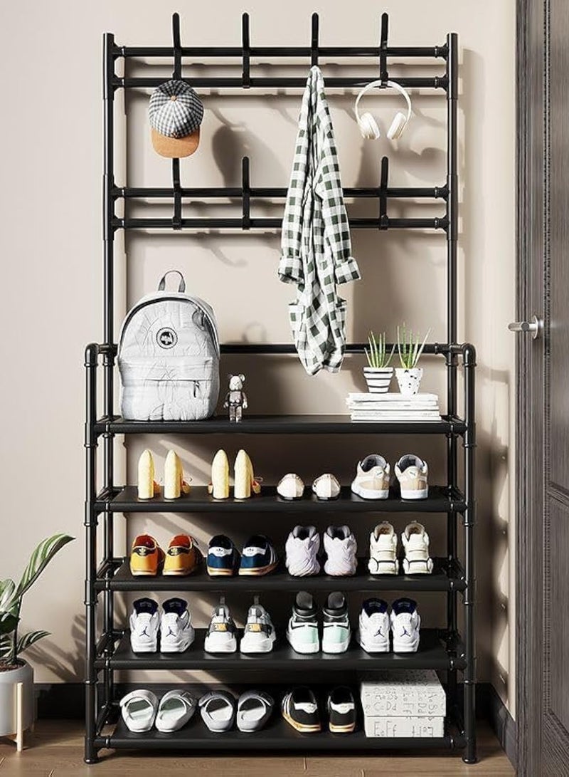 FFD 3‑in‑1 Standing Coat Rack Shoe Bench – 8 Hooks & 5‑Tier Shelf Entryway Organizer – Heavy‑Duty Powder‑Coated Steel, Vertical Space‑Saver, Black” - Image 5