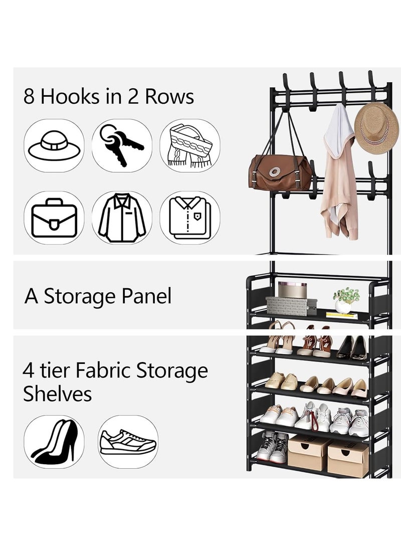 FFD 3‑in‑1 Standing Coat Rack Shoe Bench – 8 Hooks & 5‑Tier Shelf Entryway Organizer – Heavy‑Duty Powder‑Coated Steel, Vertical Space‑Saver, Black” - Image 4