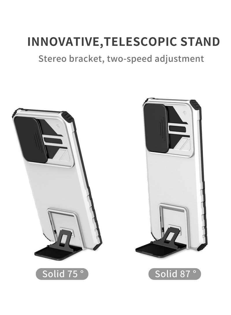 Alyashmac Samsung Galaxy A73 5G White Mobile Phone Case Cover, Innovative Telescopic Bracket, Sliding Protection Camera Window, Bumper Shockproof Phone Back Cover - Image 2