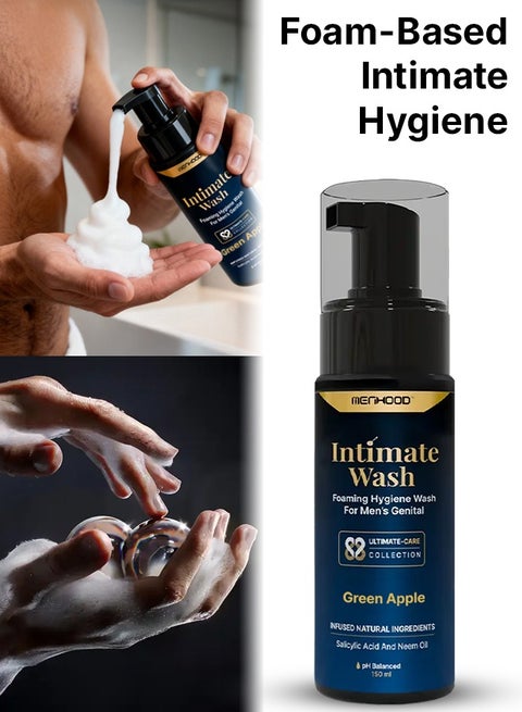 MENHOOD Intimate Wash for Men 150 ML| Tea Tree Oil Essential Neem Oil | Men Genital Wash |Mens Ball Hygiene |Anti-Fungal Foaming Wash | PH Balanced |Skin Brightening | Long- Lasting Freshness (Green Apple)
