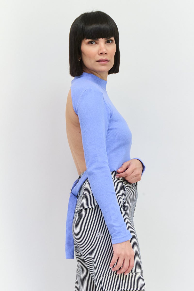 PUBLIC DESIRE Women High Neck Long Sleeves Ribbed Backless Top, Light Blue - Image 3