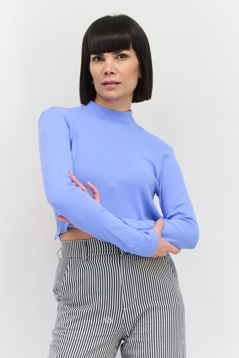 PUBLIC DESIRE Women High Neck Long Sleeves Ribbed Backless Top, Light Blue - Image 1