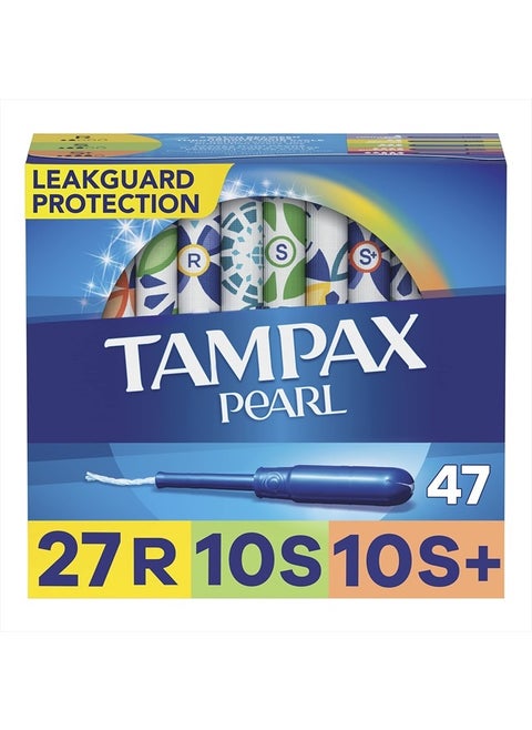 Pearl Tampons Multi Pack, with LeakGuard Braid, Regular/Super/Super Plus Absorbency, Unscented, 47 Count