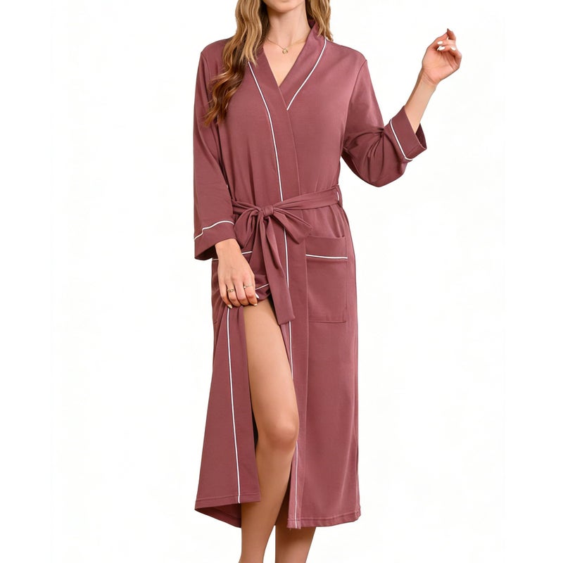 HEARTNICE Womens 100% Cotton Robe, Soft Kimono Spa Long Bathrobe Lightweight Loungewear(Brown Purple, M - Image 1