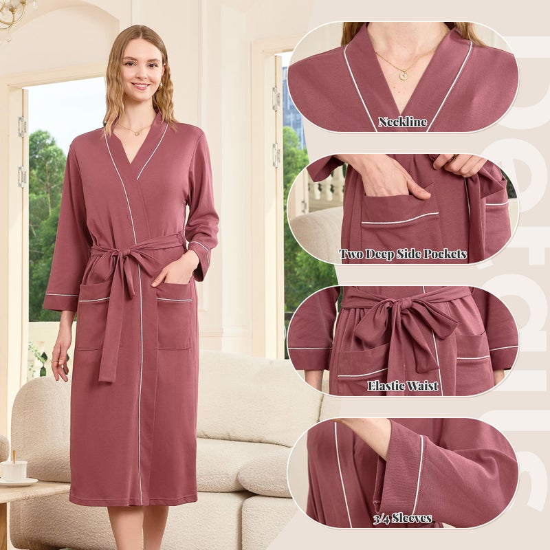 HEARTNICE Womens 100% Cotton Robe, Soft Kimono Spa Long Bathrobe Lightweight Loungewear(Brown Purple, M - Image 3