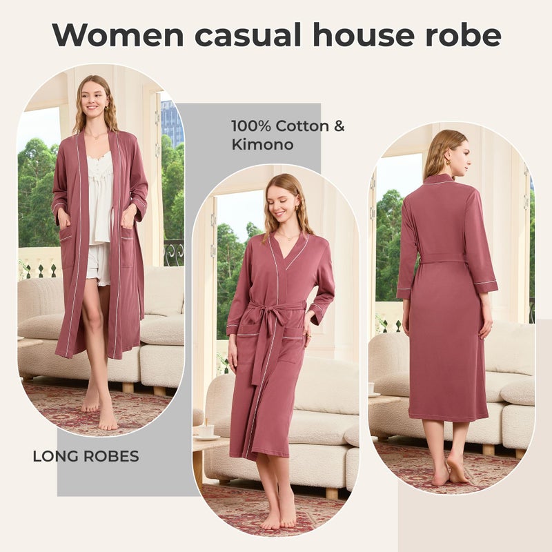 HEARTNICE Womens 100% Cotton Robe, Soft Kimono Spa Long Bathrobe Lightweight Loungewear(Brown Purple, M - Image 4