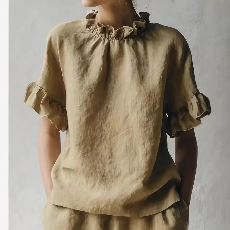 Women's Vintage Ruffled Round Neck Short Sleeve T-Shirt - Image 3