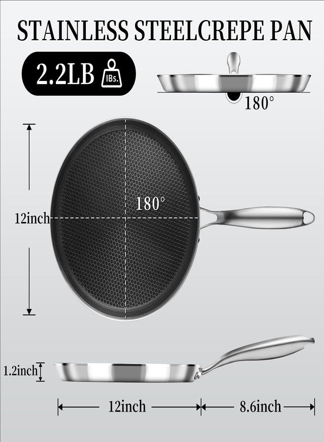 Innerwell Nonstick Crepe Pan 12 inch Stainless Steel Crepe Pan Honeycomb Coating Flat Skillet Tawa Dosa Tortilla Pan,Omelet Pan with All Stove Tops Available, Induction Compatible - Image 2