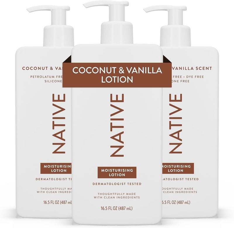 Native Body Lotion for Men Women Silicone Dye Free Coconut Vanilla Scented Hand Lotion Body Moisturizer for Dry Skin Naturally Derived with Shea Butter Glycerine 3 Pack 487ml