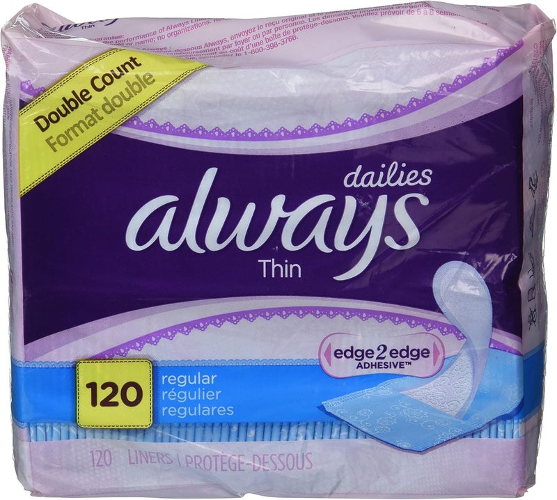 Always Dailies Regular Thin Unscented Pantiliners, 120 Count (Pack of 2)