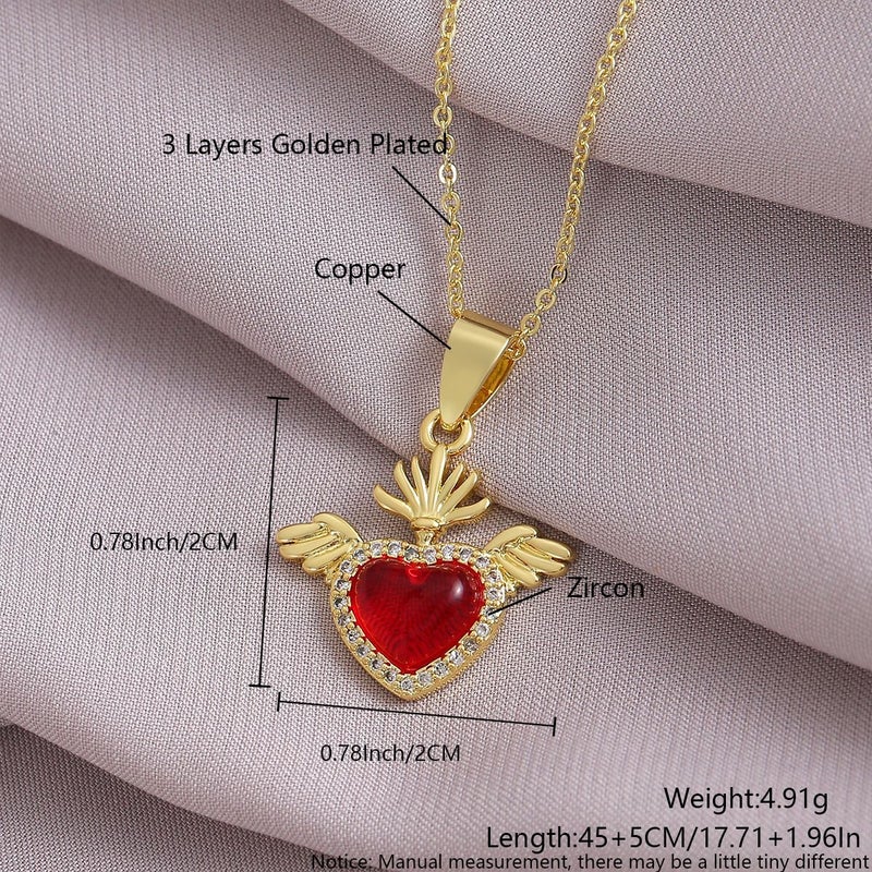 Red Heart Zircon Cross Crown Pendant Necklace for Women, Copper Gold Plated, Fashion Choker Chain - Gold Plated Heart with Wings NZ06-7