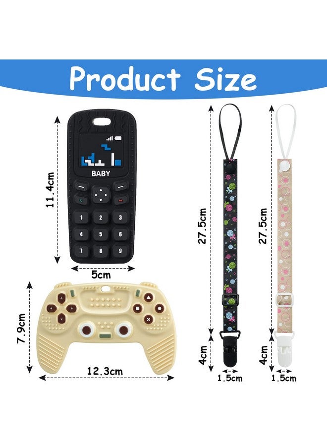 Aolso 2PCS Silicone Baby Teething Toys, Game Controller Teething Toys and Phone Teething Toys with 2PCS Pacifier Clip,BPA Free Silicone Baby Controller Teething for 3+ Months,Frozen Chew Toy(Black&Beige) - Image 1