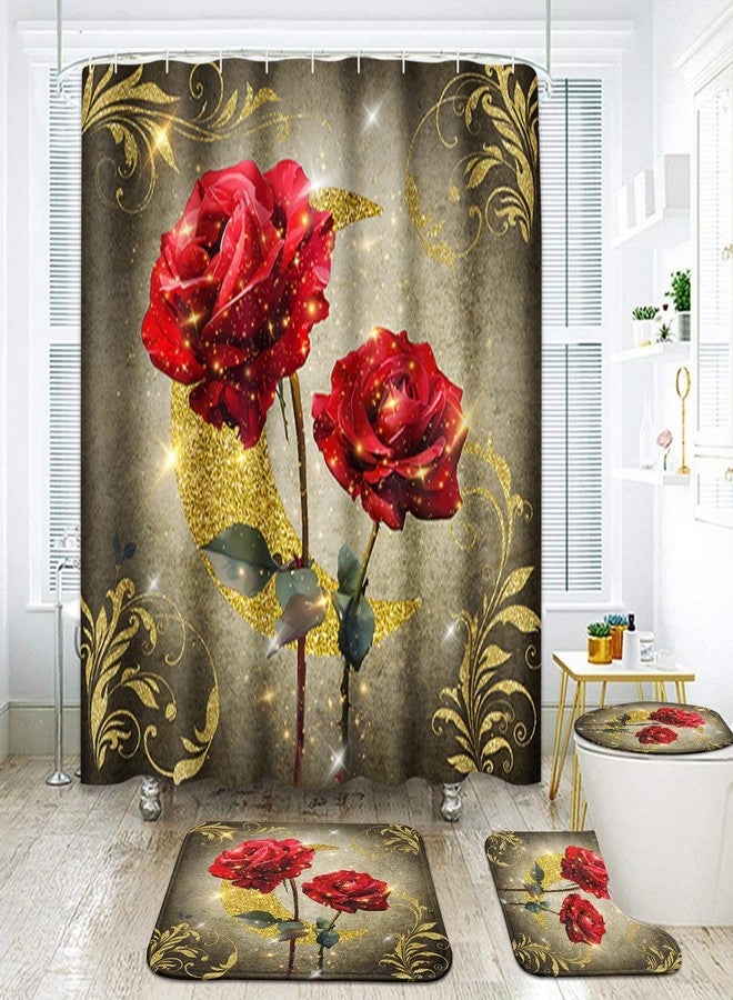ArtSocket مجموعة حمام أرت سوكيت الذهبية مع ستارة دش وسجاد وإكسسوارات، ستارة دش زهور الربيع السوداء للديكور الحمامي 4 قطع - Image 1