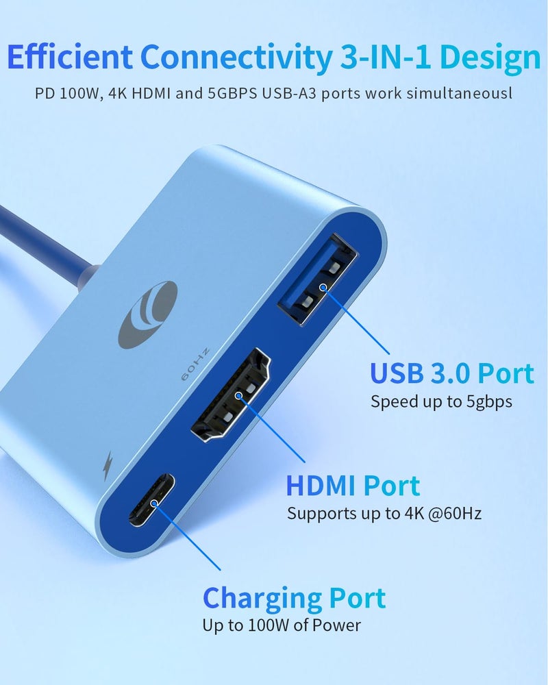 VCOM USB-C to HDMI Adapter, 3-in-1 4K@60Hz HDMI Adapter with 100W PD Charging & 5Gbps USB 3.0 Port, USB Hub Multiport for MacBook, iPad, iPhone 16 Pro/16 Pro Max, Samsung S24/23, Chromebook - Image 2