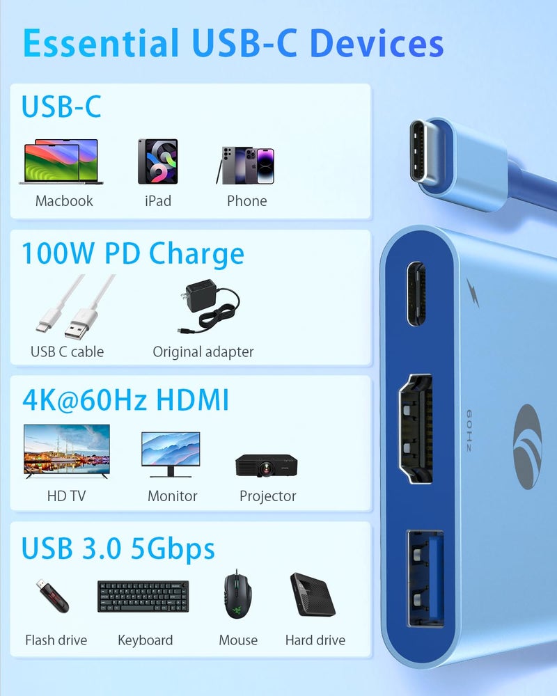 VCOM USB-C to HDMI Adapter, 3-in-1 4K@60Hz HDMI Adapter with 100W PD Charging & 5Gbps USB 3.0 Port, USB Hub Multiport for MacBook, iPad, iPhone 16 Pro/16 Pro Max, Samsung S24/23, Chromebook - Image 4