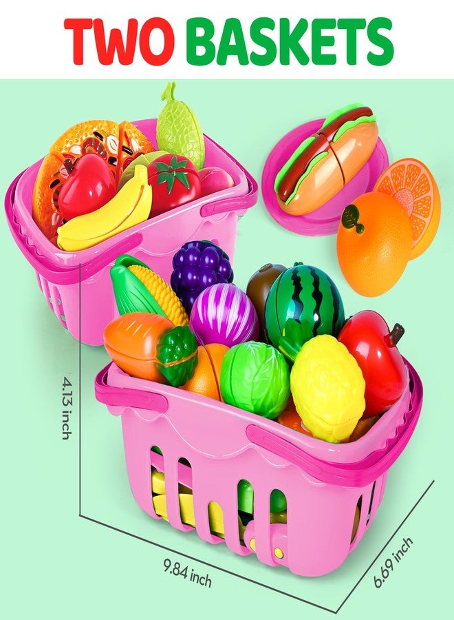 Shemira 100 PCS Cutting Play Food Toy for Kids Kitchen, Pretend Food Toys for Toddlers, Play Kitchen Toys Accessories with 2 Baskets, for 3 4 5 Years Old Boys Girls, Pink - Image 3