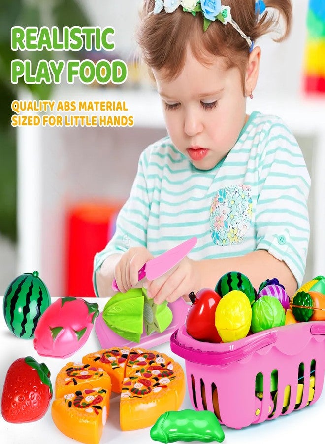Shemira 100 PCS Cutting Play Food Toy for Kids Kitchen, Pretend Food Toys for Toddlers, Play Kitchen Toys Accessories with 2 Baskets, for 3 4 5 Years Old Boys Girls, Pink - Image 2