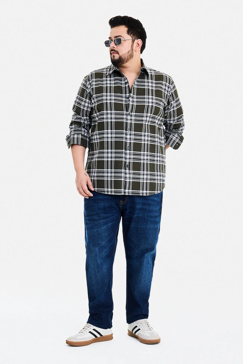 SNITCH Olive Checkered Long Sleeve Regular Fit Casual Plus Size Shirt