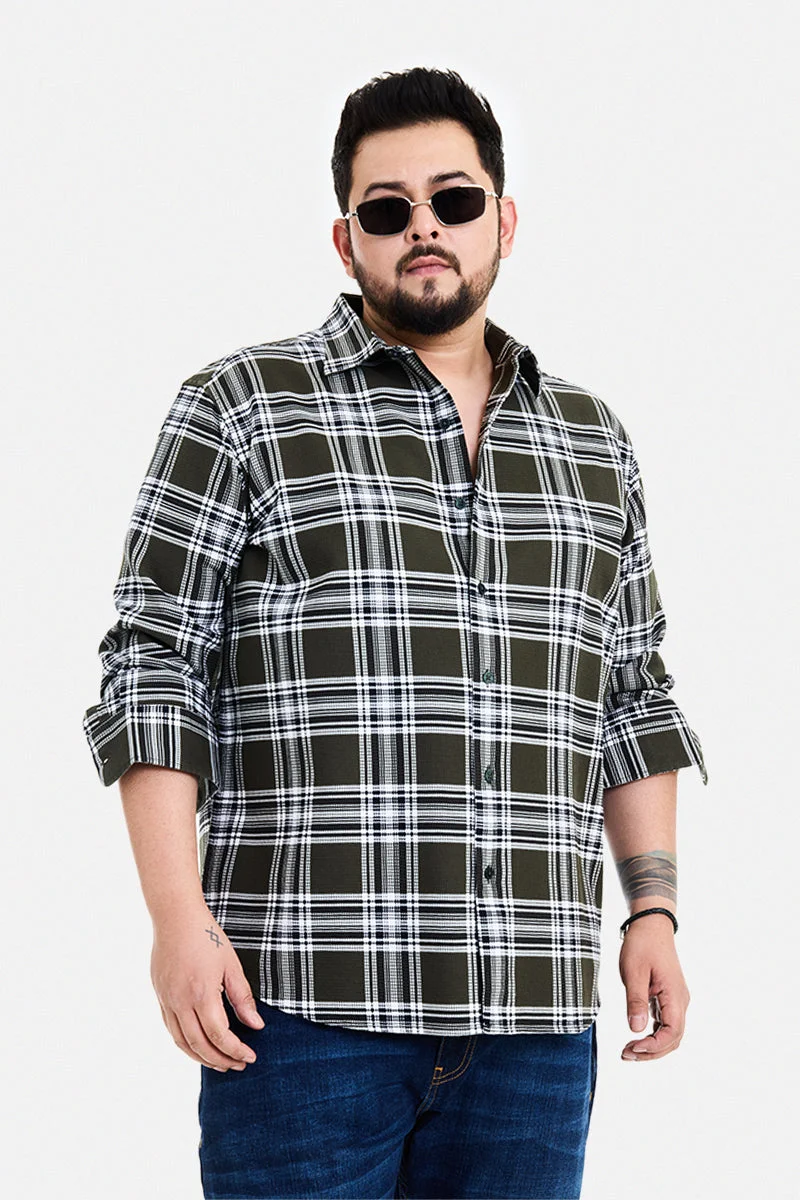 SNITCH Olive Checkered Long Sleeve Regular Fit Casual Plus Size Shirt