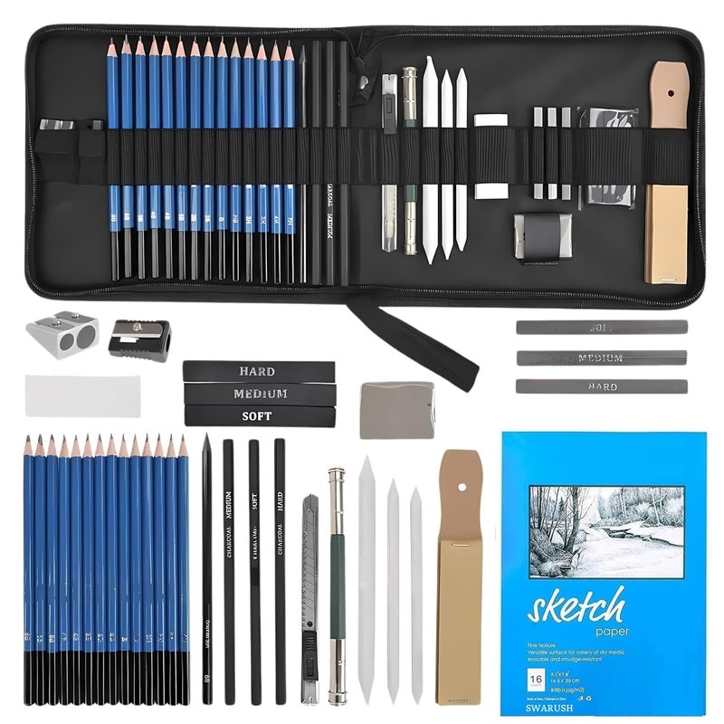 Swarush 35 Pcs Professional Drawing Sketching Pencil Set Complete Graphite Charcoal Pencils Kit for Artists Art Supplies with Shading Pencils Erasers Blending Stumps More Ideal for Artists