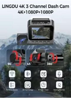 LINGDU V630 3 Channel Dash Cam 4K+1080P*2 Front and Rear,2.4”Screen Dash Cam with Rear Cam Car DVR,ADAS Support,Night Vision,Built-in GPS,WiFi6,Bluetooth,Super Capacitor,Sets 24-hours Parking Monitor,Dash cam with Voice Control and App Control  - Image 2
