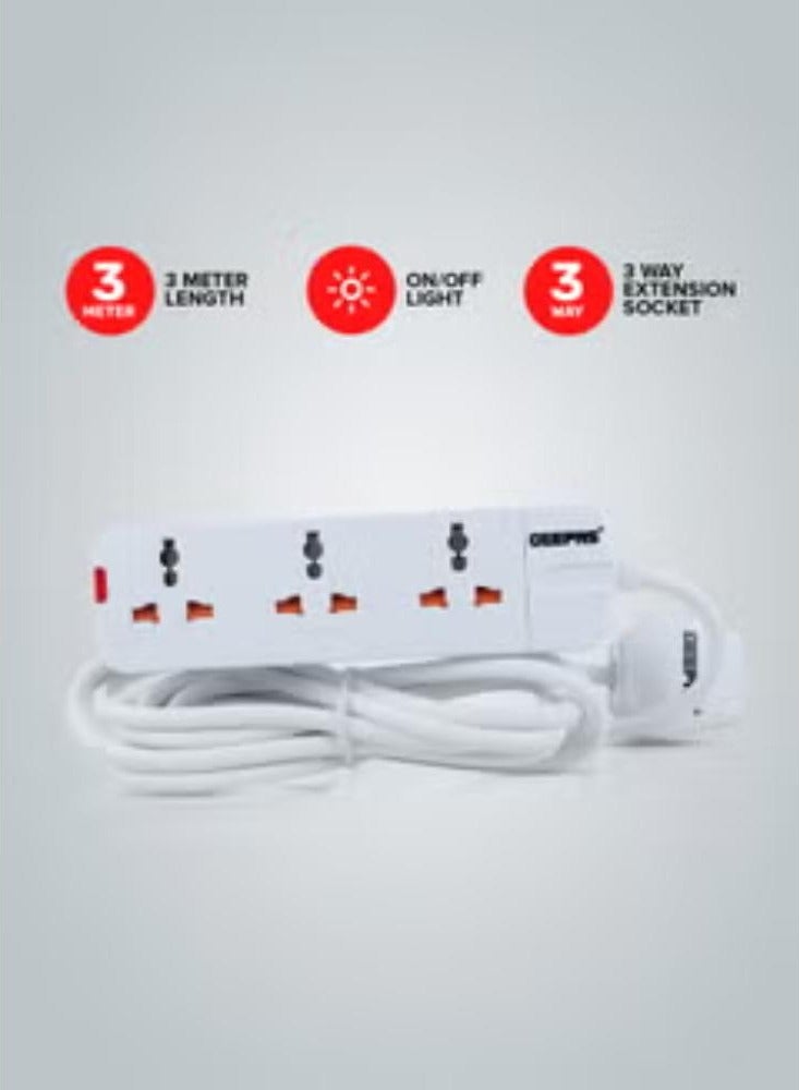 3 Way Extension Socket 13A - Charge Multiple Devices with Child Safe, Extra Long Cord & Over Current Protected | Ideal For All Electronic Devices, 3m White 34.2x13.8x3.4cm - Image 1