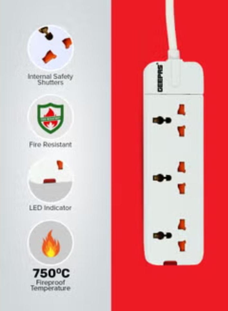 3 Way Extension Socket 13A - Charge Multiple Devices with Child Safe, Extra Long Cord & Over Current Protected | Ideal For All Electronic Devices, 3m White 34.2x13.8x3.4cm - Image 2