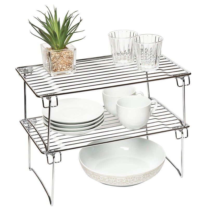 Amtido Kitchen Cupboard Organiser Storage Shelf Rack Stands for Cabinets Pantry Countertop Organisation  Stackable  Chrome 2 Pack