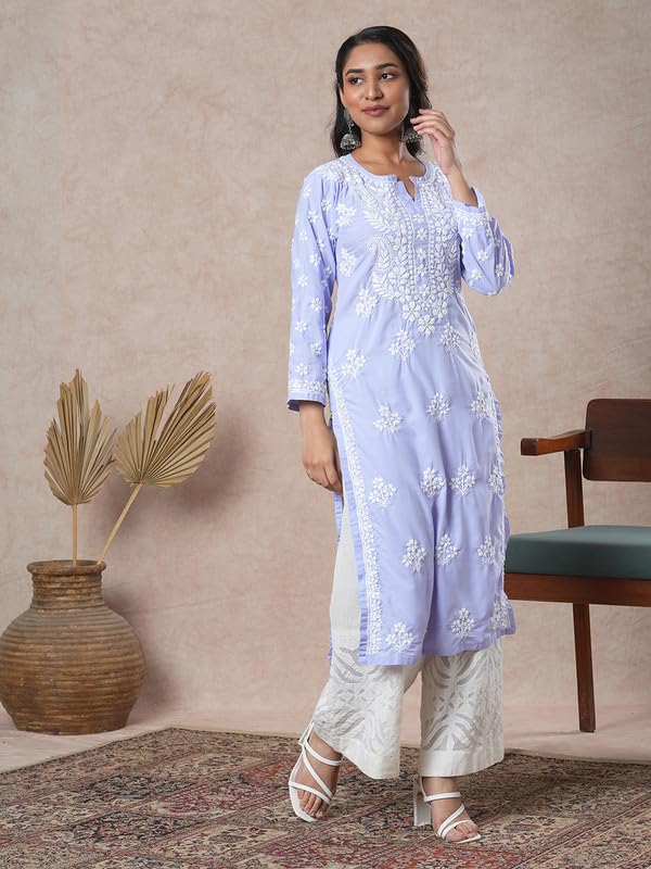 Ada Women Cotton Regular Hand Embroidered Lucknowi Chikankari Kurta Kurti Tunic A411700 Mauve (XS) - Image 4