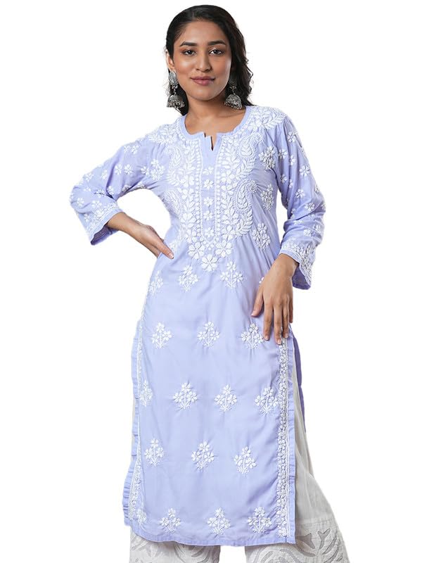 Ada Women Cotton Regular Hand Embroidered Lucknowi Chikankari Kurta Kurti Tunic A411700 Mauve (XS) - Image 1
