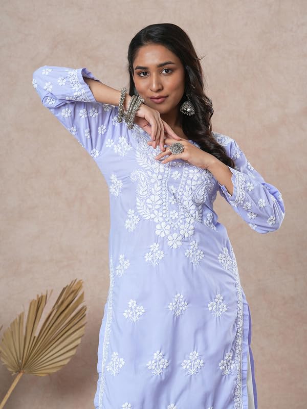 Ada Women Cotton Regular Hand Embroidered Lucknowi Chikankari Kurta Kurti Tunic A411700 Mauve (XS) - Image 5