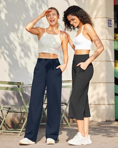G4Free Yoga Pants Women Wide Leg Dress Pants with Pockets High Waisted Sweatpants Loose Casual Lounge Palazzo Pants(Dark Navy,S,31") - Image 3