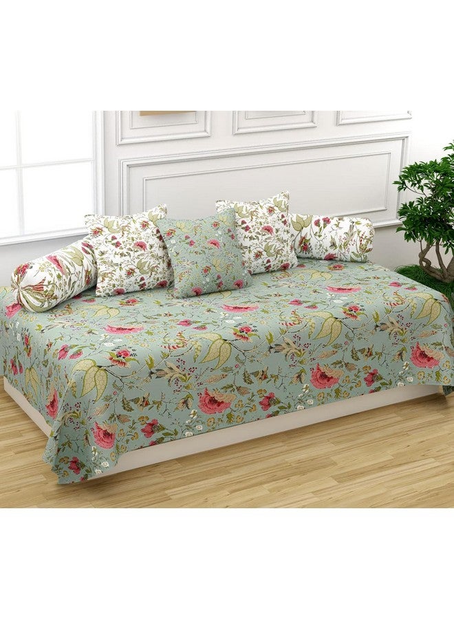 Trance Home Linen طقم ديوان ترانس هوم لينين 200TC 100% قطن 6 قطع | أطقم ملاءات سرير مطبوعة (طقم من 6 قطع، 1-ملاءة سرير 54x88 بوصة | 2-غطاء وسادة 16x32 بوصة | 3-غطاء وسادة 16x16 بوصة) - كالكت الأخضر والأبيض - Image 1