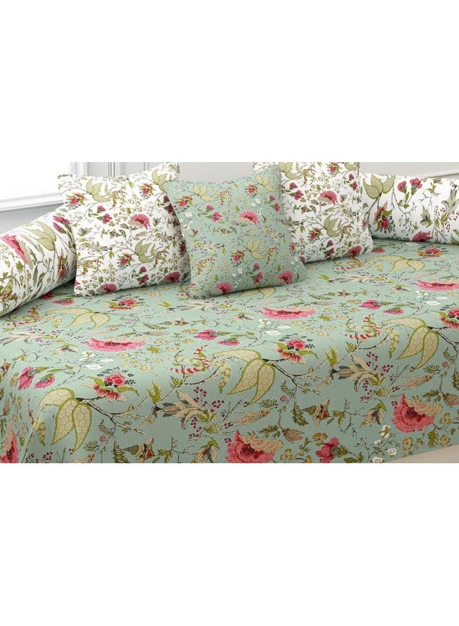 Trance Home Linen طقم ديوان ترانس هوم لينين 200TC 100% قطن 6 قطع | أطقم ملاءات سرير مطبوعة (طقم من 6 قطع، 1-ملاءة سرير 54x88 بوصة | 2-غطاء وسادة 16x32 بوصة | 3-غطاء وسادة 16x16 بوصة) - كالكت الأخضر والأبيض - Image 2