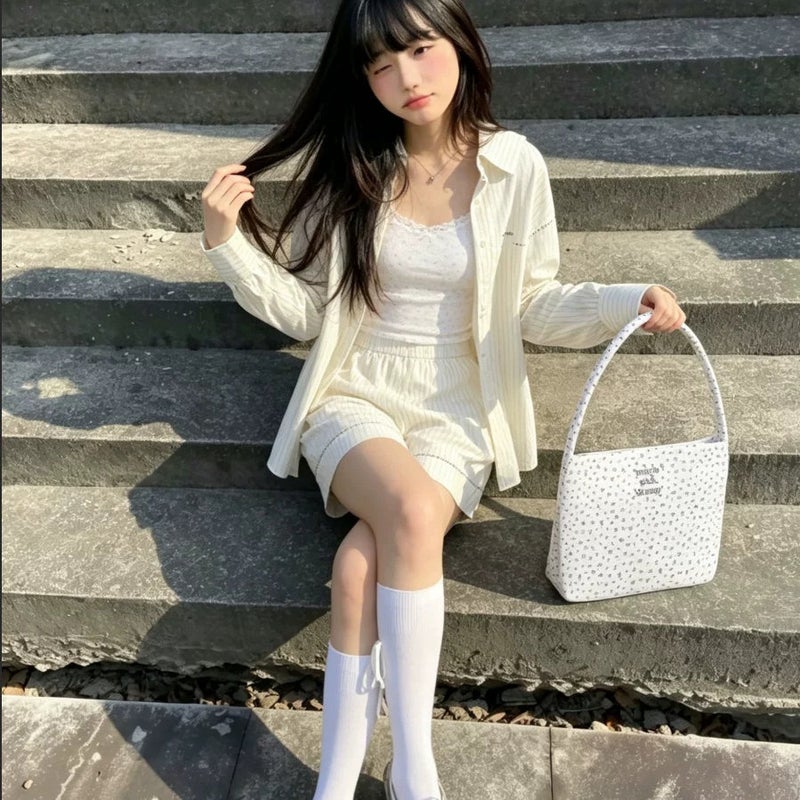Korean Floral White Bucket Bag for Women Shoulder Handbag - Image 1