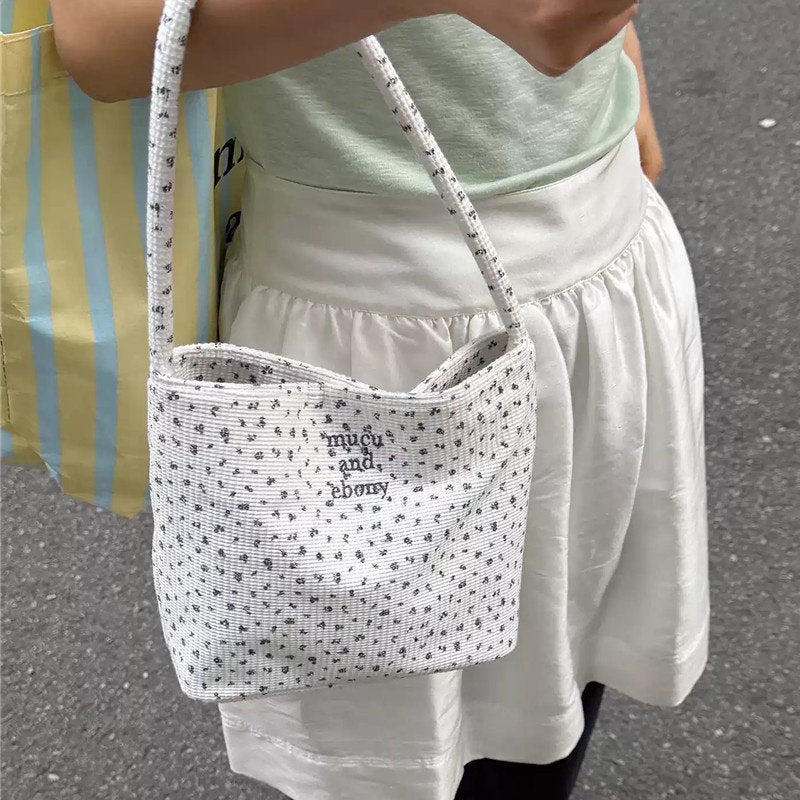 Korean Floral White Bucket Bag for Women Shoulder Handbag - Image 2
