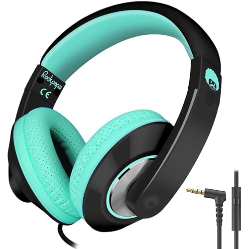 rockpapa Comfort+ Kids Headphones with Microphone, Boys Girls Student Over-Ear Headphones Wired for School Classroom Laptop PC Computer Tablet Black Teal - Image 1