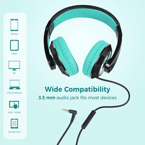 rockpapa Comfort+ Kids Headphones with Microphone, Boys Girls Student Over-Ear Headphones Wired for School Classroom Laptop PC Computer Tablet Black Teal - Image 3