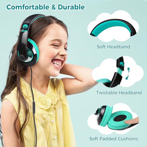 rockpapa Comfort+ Kids Headphones with Microphone, Boys Girls Student Over-Ear Headphones Wired for School Classroom Laptop PC Computer Tablet Black Teal - Image 2