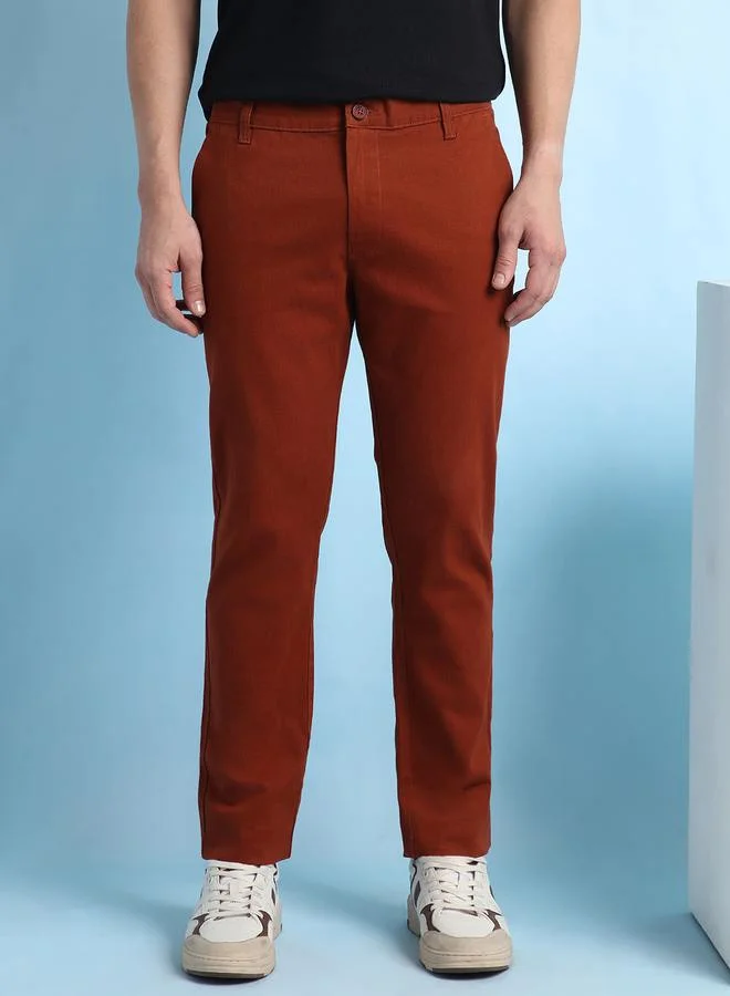 Dennis Lingo Men's Rust 100% Cotton Solid Pattern Chinos Straight Fit Trouser