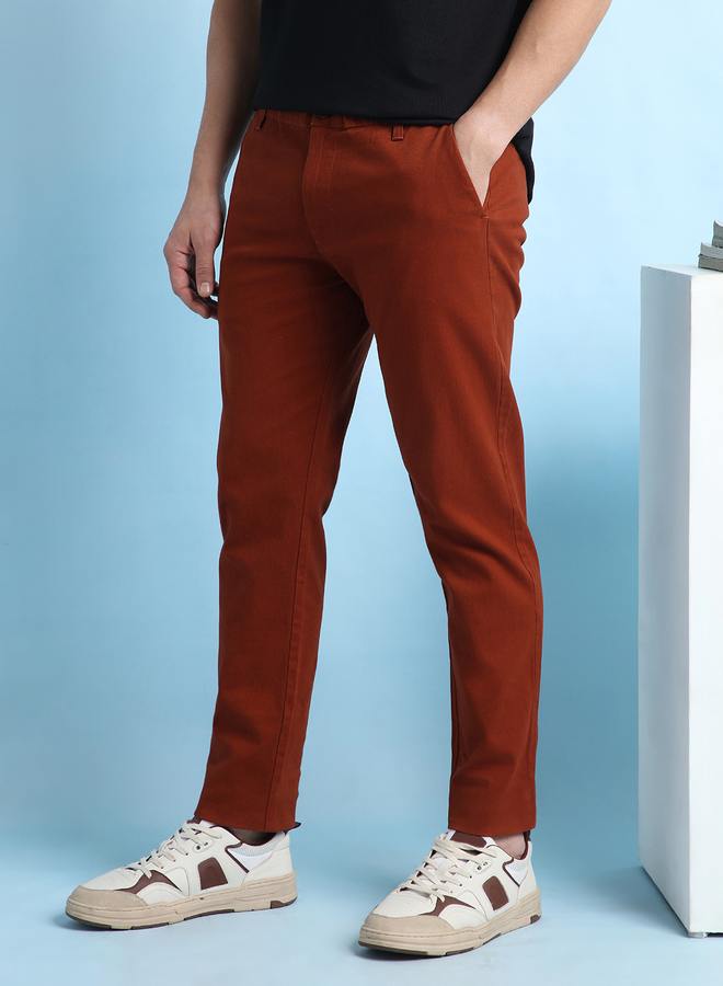 Dennis Lingo Men's Rust 100% Cotton Solid Pattern Chinos Straight Fit Trouser  - Image 3