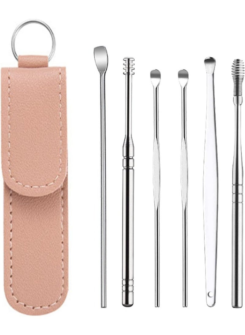 Ear Wax Remover, Ear Cleaning Tools, Ear Picks, Stainless Steel Earwax Removal with portable PU Storage Bag -Pink Bag - Image 1