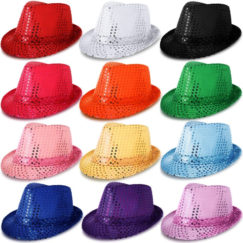 Janmercy 12 Pieces Western Sequin Hat Glitter Solid Color Dance Hat Retro Disco Unisex Costume Cap for Party Props SuppliesMulticolor