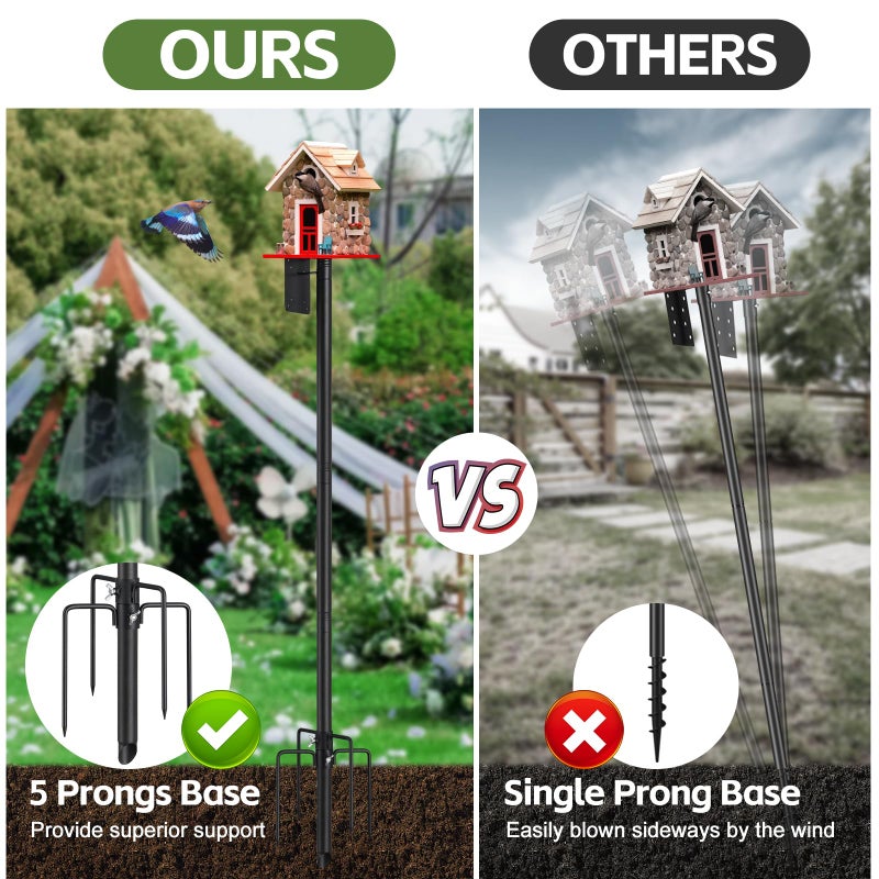 LLARGUEST Bird Feeder Pole,75" Outdoor Bird House Pole Kit Stand with 5-Pronged Base, Adjustable Height & Universal Mount for Easy Setup, 2 Installation Methods, Matte Black Finish (Without Feeder) - Image 4