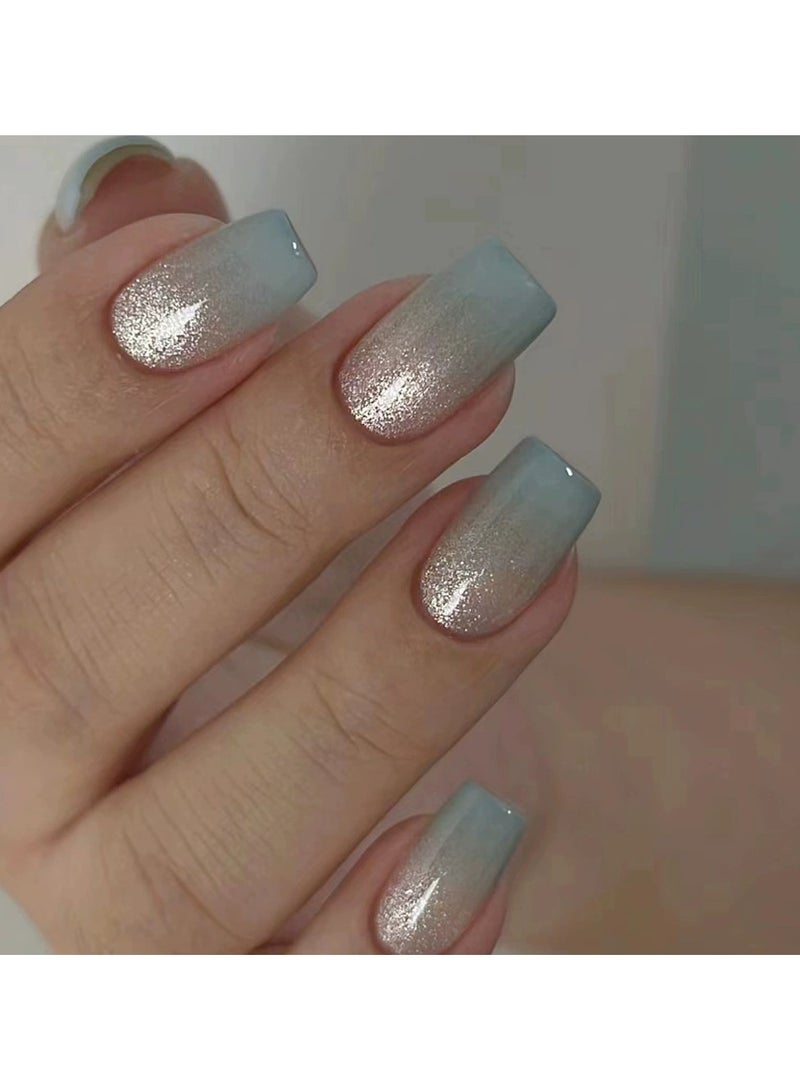 Goolsky Press On Cat Eye Nail Tips Gradient Blue Crystal Jelly Nails 30Pcs High End Glossy Detachable  - Image 1