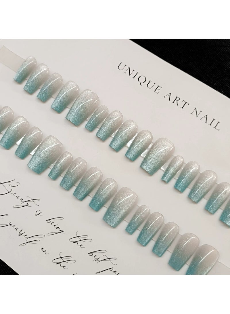 Goolsky Press On Cat Eye Nail Tips Gradient Blue Crystal Jelly Nails 30Pcs High End Glossy Detachable  - Image 2