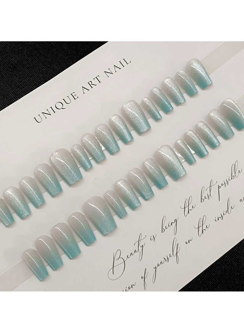 Goolsky Press On Cat Eye Nail Tips Gradient Blue Crystal Jelly Nails 30Pcs High End Glossy Detachable  - Image 3