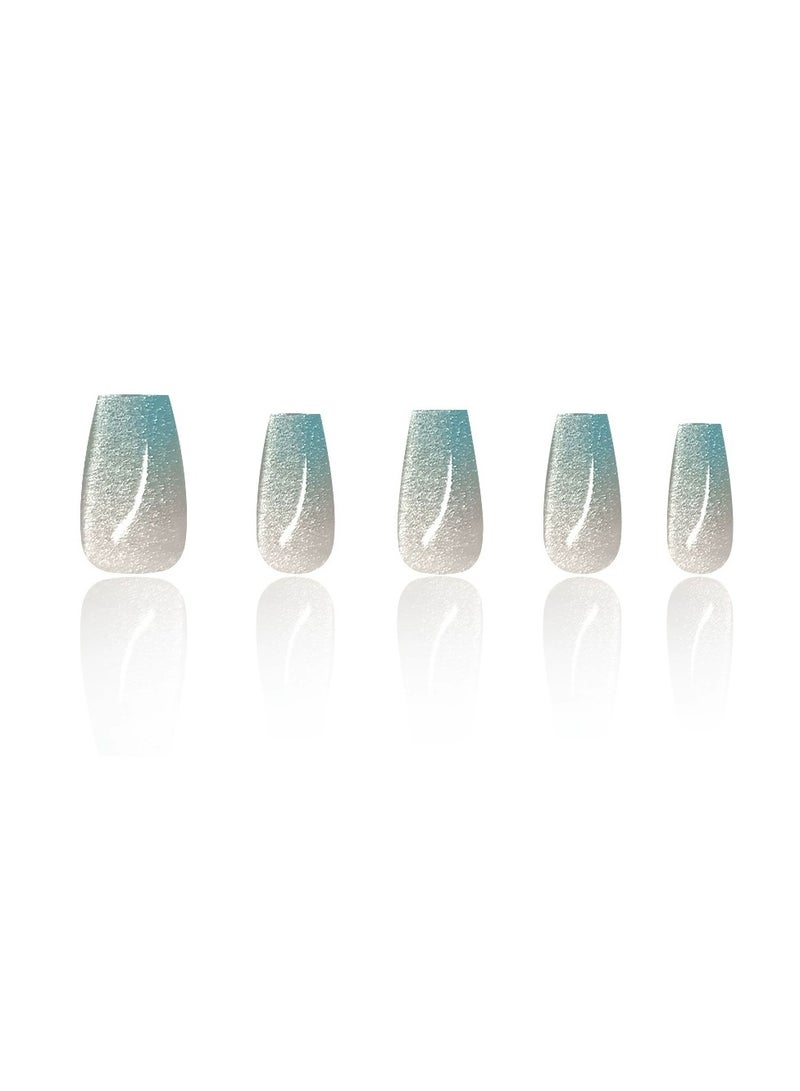 Goolsky Press On Cat Eye Nail Tips Gradient Blue Crystal Jelly Nails 30Pcs High End Glossy Detachable  - Image 4